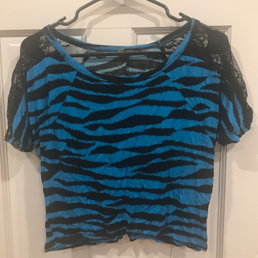 Blue zebra striped crop with lace